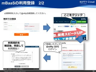 Copyright © NIFTY Corporation All Rights Reserved. 10
mBaaSの利用登録 2/2
利用規約を
確認後、同意して
利用開始！
ご登録いただいた
@nifty IDで
ログイン
ここをクリック
必要事項を入力して@nifty会員登録してください。
 