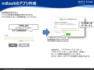 Copyright © NIFTY Corporation All Rights Reserved. 11
mBaaSのアプリ作成
利用登録が終わると
アプリの新規作成画面が表示されます。
アプリ名を入力して新規作成してください。
mBaaSは、「アプリケーションキー」
「クライアントキー」の2つのキーを使い、
サーバー接続の認証を行っています。
その２つのキーがアプリ作成時に生成されます。
「2dst_gh」
と入力してください
２つのキーは
後で使います
OKをクリックすると
管理画面が表示されます
 