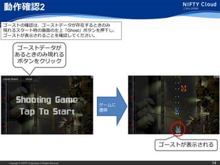 Copyright © NIFTY Corporation All Rights Reserved. 14
動作確認2
ゴーストの確認は、ゴーストデータが存在するときのみ
現れるスタート時の画面の左上「Ghost」ボタンを押下し、
ゴーストが表示されることを確認してください。
ゴーストデータが
あるときのみ現れる
ボタンをクリック
ゲームに
遷移
ゴーストが表示される
 
