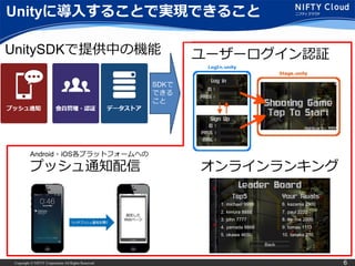 Copyright © NIFTY Corporation All Rights Reserved. 6
Unityに導入することで実現できること
ユーザーログイン認証
オンラインランキング
Android・iOS各プラットフォームへの
プッシュ通知配信
UnitySDKで提供中の機能
SDKで
できる
こと
 