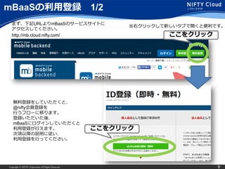 Copyright © NIFTY Corporation All Rights Reserved. 9
mBaaSの利用登録 1/2
http://mb.cloud.nifty.com/
無料登録をしていただくと、
@nifty会員登録を
行うフローに移ります。
登録いただいた後、
mBaaSにログインしていただくと
利用登録が行えます。
次項以降の説明に従い、
利用登録を行ってください。
※右クリックして新しいタブで開くと便利です。
まず、下記URLよりmBaaSのサービスサイトに
アクセスしてください。
ここをクリック
ここをクリック
 