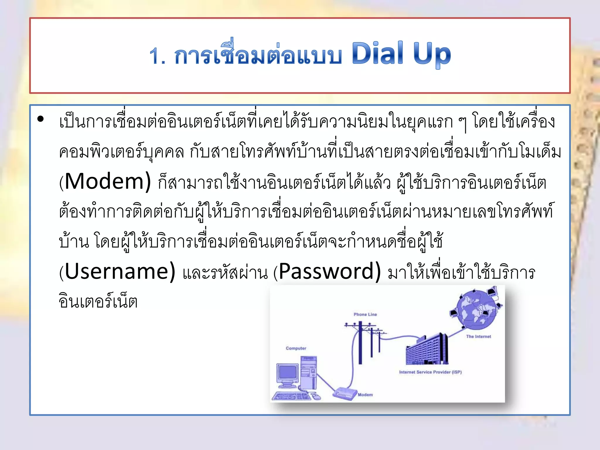 • เป็นการเชื่อมต่ออินเตอร์เน็ตที่เคยได้รับความนิยมในยุคแรก ๆ โดยใช้เครื่อง
คอมพิวเตอร์บุคคล กับสายโทรศัพท์บ้านที่เป็นสายตรงต่อเชื่อมเข้ากับโมเด็ม
(Modem) ก็สามารถใช้งานอินเตอร์เน็ตได้แล้ว ผู้ใช้บริการอินเตอร์เน็ต
ต้องทาการติดต่อกับผู้ให้บริการเชื่อมต่ออินเตอร์เน็ตผ่านหมายเลขโทรศัพท์
บ้าน โดยผู้ให้บริการเชื่อมต่ออินเตอร์เน็ตจะกาหนดชื่อผู้ใช้
(Username) และรหัสผ่าน (Password) มาให้เพื่อเข้าใช้บริการ
อินเตอร์เน็ต
 