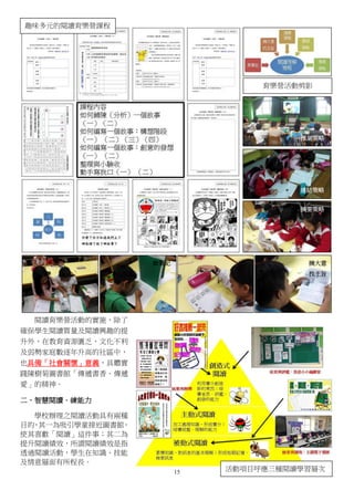 15
閱讀育樂營活動的實施，除了
確保學生閱讀質量及閱讀興趣的提
升外，在教育資源匱乏、文化不利
及弱勢家庭數逐年升高的社區中，
也具備「社會關懷」意義，具體實
踐陳樹菊圖書館「傳遞書香．傳遞
愛」的精神。
二、智慧閱讀．練能力
學校辦理之閱讀活動具有兩種
目的，其一為吸引學童接近圖書館，
使其喜歡「閱讀」這件事；其二為
提升閱讀績效，所謂閱讀績效是指
透過閱讀活動，學生在知識、技能
及情意層面有所程長。
預測策略
連結策略
摘要策略
做筆記 摘大意
找主旨
育樂營活動剪影
活動項目呼應三種閱讀學習層次
趣味多元的閱讀育樂營課程
 