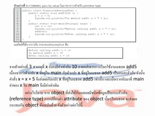 จากตัวอย่างที่ 3 สาเหตุที่ x ยังคงมีค่าเท่ากับ 10 ภายหลังจากการเรียกใช้งานเมธอด add5
เนื่องจากว่าตัวแปร x ที่อยู่ใน main กับตัวแปร x ที่อยู่ในเมธอด add5 เป็นคนละตัวกันดังนั้น
คาสั่ง x = x + 5 จึงส่งผลกับแปร x ที่อยู่ในเมธอด add5 เท่านั้น และเมื่อเรากลับมาที่ main
ค่าของ x ใน main จึงมีค่าเท่าเดิม
อย่างไรก็ตาม หาก object ที่ส่งให้กับเมธอดมีชนิดข้อมูลเป็นแบบอ้างอิง
(reference type) การเปลี่ยนค่า attribute ของ object นั้นๆในเมธอด จะส่งผล
กระทบกับ object ต้นฉบับด้วย ดังตัวอย่างต่อไปนี้
 