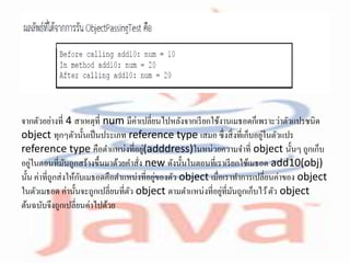 จากตัวอย่างที่ 4 สาเหตุที่ num มีค่าเปลี่ยนไปหลังจากเรียกใช้งานเมธอดก็เพราะว่าตัวแปรชนิด
object ทุกๆตัวนั้นเป็นประเภท reference type เสมอ ซึ่งสิ่งที่เก็บอยู่ในตัวแปร
reference type คือตาแหน่งที่อยู่(adddress)ในหน่วยความจาที่ object นั้นๆ ถูกเก็บ
อยู่ในตอนที่มันถูกสร้างขึ้นมาด้วยคาสั่ง new ดังนั้นในตอนที่เราเรียกใช้เมธอด add10(obj)
นั้น ค่าที่ถูกส่งให้กับเมธอดคือตาแหน่งที่อยู่ของตัว object เมื่อเราทาการเปลี่ยนค่าของ object
ในตัวเมธอด ค่านั้นจะถูกเปลี่ยนที่ตัว object ตามตาแหน่งที่อยู่ที่มันถูกเก็บไว้ตัว object
ต้นฉบับจึงถูกเปลี่ยนค่าไปด้วย
 