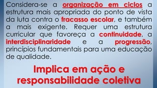 Considera-se a organização em ciclos a
estrutura mais apropriada do ponto de vista
da luta contra o fracasso escolar, e também
a mais exigente. Requer uma estrutura
curricular que favoreça a continuidade, a
interdisciplinaridade e a progressão,
princípios fundamentais para uma educação
de qualidade.
Implica em ação e
responsabilidade coletiva
 