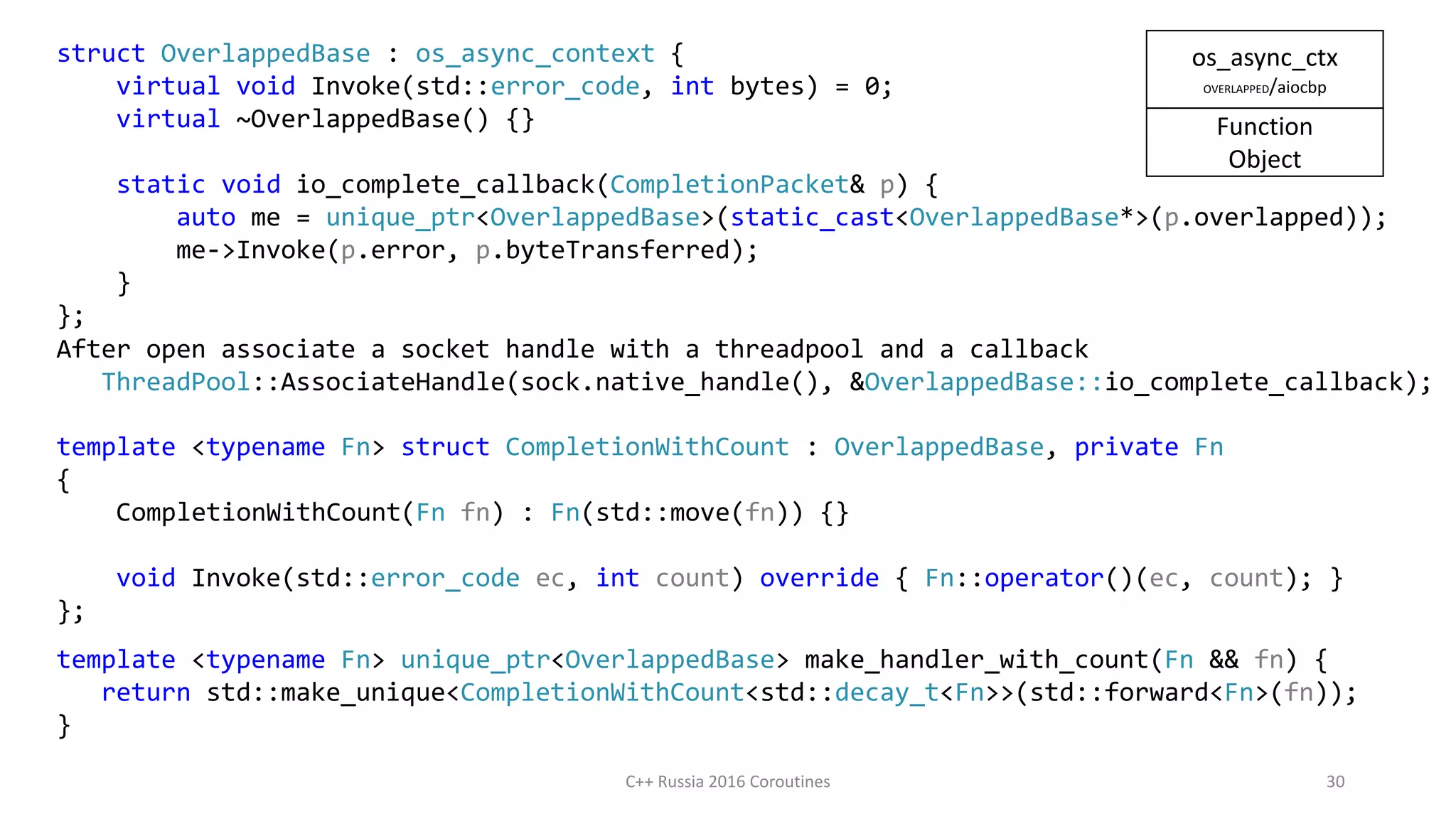 struct OverlappedBase : os_async_context {
virtual void Invoke(std::error_code, int bytes) = 0;
virtual ~OverlappedBase() {}
static void io_complete_callback(CompletionPacket& p) {
auto me = unique_ptr<OverlappedBase>(static_cast<OverlappedBase*>(p.overlapped));
me->Invoke(p.error, p.byteTransferred);
}
};
template <typename Fn> unique_ptr<OverlappedBase> make_handler_with_count(Fn && fn) {
return std::make_unique<CompletionWithCount<std::decay_t<Fn>>(std::forward<Fn>(fn));
}
os_async_ctx
OVERLAPPED/aiocbp
Function
Object
After open associate a socket handle with a threadpool and a callback
ThreadPool::AssociateHandle(sock.native_handle(), &OverlappedBase::io_complete_callback);
template <typename Fn> struct CompletionWithCount : OverlappedBase, private Fn
{
CompletionWithCount(Fn fn) : Fn(std::move(fn)) {}
void Invoke(std::error_code ec, int count) override { Fn::operator()(ec, count); }
};
C++ Russia 2016 Coroutines 30
 