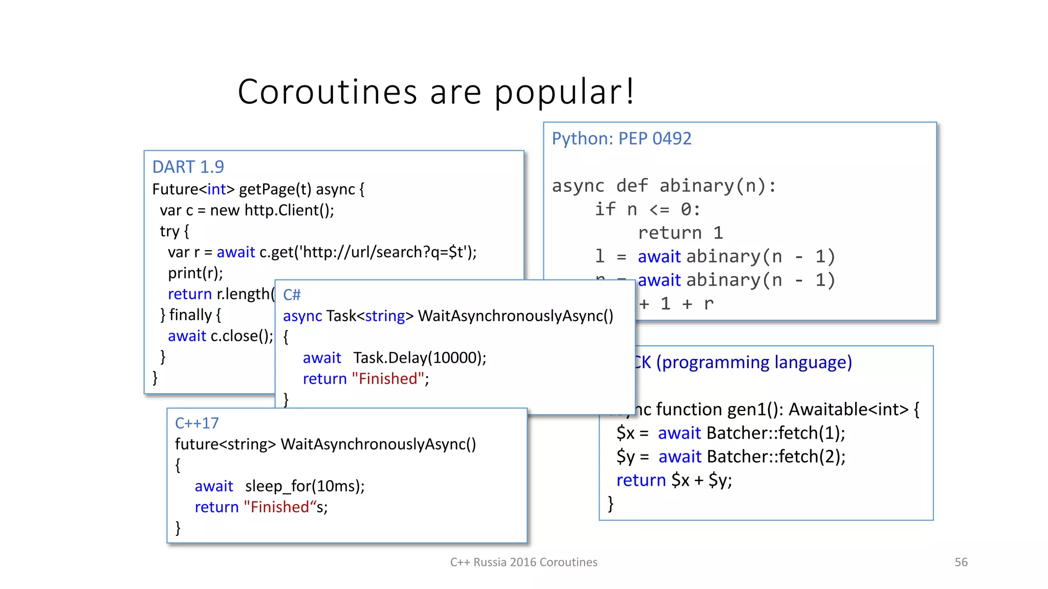 Coroutines are popular!
Python: PEP 0492
async def abinary(n):
if n <= 0:
return 1
l = await abinary(n - 1)
r = await abinary(n - 1)
return l + 1 + r
HACK (programming language)
async function gen1(): Awaitable<int> {
$x = await Batcher::fetch(1);
$y = await Batcher::fetch(2);
return $x + $y;
}
DART 1.9
Future<int> getPage(t) async {
var c = new http.Client();
try {
var r = await c.get('http://url/search?q=$t');
print(r);
return r.length();
} finally {
await c.close();
}
}
C#
async Task<string> WaitAsynchronouslyAsync()
{
await Task.Delay(10000);
return "Finished";
}
C++17
future<string> WaitAsynchronouslyAsync()
{
await sleep_for(10ms);
return "Finished“s;
}
C++ Russia 2016 Coroutines 56
 