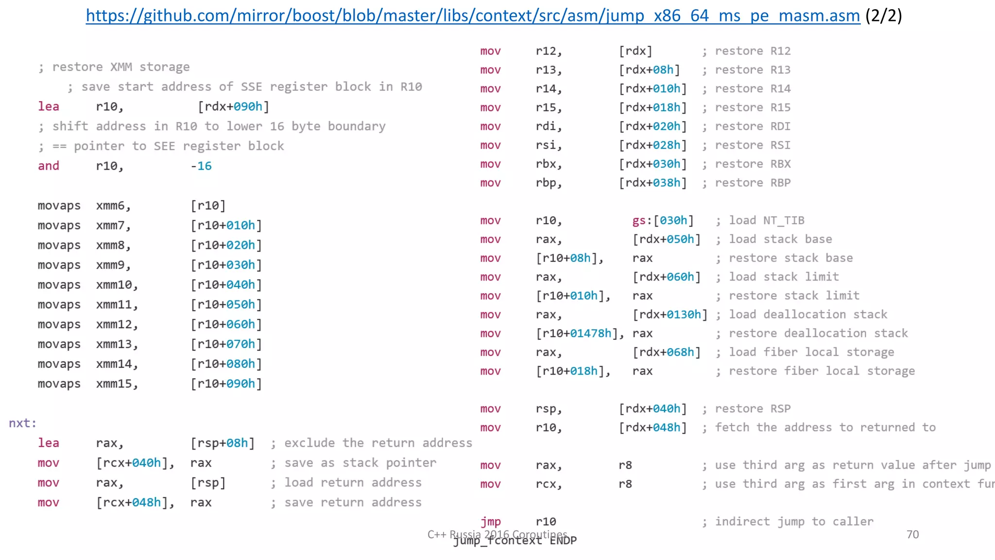 https://github.com/mirror/boost/blob/master/libs/context/src/asm/jump_x86_64_ms_pe_masm.asm (2/2)
C++ Russia 2016 Coroutines 70
 