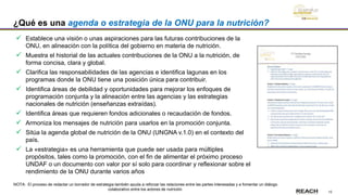 12
¿Qué es una agenda o estrategia de la ONU para la nutrición?
 Establece una visión o unas aspiraciones para las futuras contribuciones de la
ONU, en alineación con la política del gobierno en materia de nutrición.
 Muestra el historial de las actuales contribuciones de la ONU a la nutrición, de
forma concisa, clara y global.
 Clarifica las responsabilidades de las agencias e identifica lagunas en los
programas donde la ONU tiene una posición única para contribuir.
 Identifica áreas de debilidad y oportunidades para mejorar los enfoques de
programación conjunta y la alineación entre las agencias y las estrategias
nacionales de nutrición (enseñanzas extraídas).
 Identifica áreas que requieren fondos adicionales o recaudación de fondos.
 Armoniza los mensajes de nutrición para usarlos en la promoción conjunta.
 Sitúa la agenda global de nutrición de la ONU (UNGNA v.1.0) en el contexto del
país.
 La «estrategia» es una herramienta que puede ser usada para múltiples
propósitos, tales como la promoción, con el fin de alimentar el próximo proceso
UNDAF o un documento con valor por sí solo para coordinar y reflexionar sobre el
rendimiento de la ONU durante varios años
NOTA: El proceso de redactar un borrador de estrategia también ayuda a reforzar las relaciones entre las partes interesadas y a fomentar un diálogo
colaborativo entre los actores de nutrición.
 