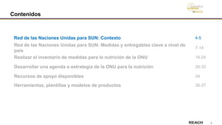 3
Red de las Naciones Unidas para SUN: Medidas y entregables clave a nivel de
país
Contenidos
Realizar el inventario de medidas para la nutrición de la ONU
Desarrollar una agenda o estrategia de la ONU para la nutrición
7-14
34
16-24
26-32
36-37
Red de las Naciones Unidas para SUN: Contexto 4-5
Recursos de apoyo disponibles
Herramientas, plantillas y modelos de productos
 