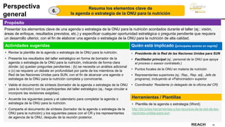 30
Resuma los elementos clave de
la agenda o estrategia de la ONU para la nutrición
Perspectiva
general
Propósito
Presentar los elementos clave de una agenda o estrategia de la ONU para la nutrición acordados durante el taller (ej.: visión,
áreas de enfoque, resultados previstos, etc.) y especificar cualquier oportunidad estratégica o pregunta pendiente que requiera
un desarrollo ulterior, con el fin de elaborar una agenda o estrategia de la ONU para la nutrición de alta calidad.
6.
Actividades sugeridas
• Revise la plantilla de la agenda o estrategia de la ONU para la nutrición.
• Presente los resultados del taller estratégico en forma de borrador de la
agenda o estrategia de la ONU para la nutrición, indicando de forma clara
dónde: (a) quedan preguntas pendientes ; (b) se necesita un análisis adicional
o (c) se requiere un debate en profundidad por parte de los miembros de la
Red de las Naciones Unidas para SUN, con el fin de alcanzar una agenda o
estrategia de la ONU para la nutrición completa y convincente.
• Valide el documento de síntesis (borrador de la agenda o estrategia de la ONU
para la nutrición) con los participantes del taller estratégico (ej.: haga circular e
incorpore las revisiones exigidas).
• Acuerde los siguientes pasos y el calendario para completar la agenda o
estrategia de la ONU para la nutrición.
• Comparta el documento de síntesis (borrador de la agenda o estrategia de la
ONU para la nutrición) y los siguientes pasos con el CR y los representantes
de agencia de la ONU, después de la reunión posterior.
Quién está implicado (principales actores en negrita)
• Presidente de la Red de las Naciones Unidas para SUN
• Facilitador principal (ej.: personal de la ONU que apoya
el proceso o asesor contratado.)
• Puntos focales de la ONU en materia de nutrición
• Representantes superiores (ej.: Rep., Rep. adj., Jefe de
programa), incluyendo al «Patrocinador» superior
• Coordinador Residente (o delegado de la oficina del CR)
Herramientas / Plantillas
• Plantilla de la agenda o estrategia (Word)
http://bit.ly/las-herramientas-y-los-recursos-de-la-red-de-las-
naciones-unidas-para-sun
 