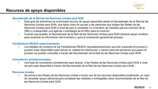 35
Recursos de apoyo disponibles
Secretariado de la Red de las Naciones Unidas para SUN
• Esta guía de directrices es el principal recurso de apoyo disponible desde el Secretariado de la Red de las
Naciones Unidas para SUN, que tiene como fin ayudar a las personas que dirigen las Redes de las
Naciones Unidas para SUN a nivel de país a completar un inventario de medidas para la nutrición de la
ONU o a desarrollar una agenda o estrategia de la ONU para la nutrición.
• Cuando sea posible, el Secretariado de la Red de las Naciones Unidas para SUN ofrecerá apoyo analítico
para examinar la información del inventario y para la orientación general del proceso.
Facilitadores REACH experimentados
• Los detalles de contacto de los Facilitadores REACH (actuales/anteriores) que han superado el proceso y
pueden estar disponibles para actuar en calidad de interlocutor o mentor para las personas que pasan el
proceso se pueden consultar a través del Secretariado de la Red de las Naciones Unidas para SUN.
Consultores preseleccionados
• Una lista de consultores competentes para apoyar a las Redes de las Naciones Unidas para SUN a nivel
de país está disponible a través del Secretariado de la Red de las Naciones Unidas para SUN.
Recursos locales
• Se anima a las Redes de las Naciones Unidas a hacer uso de los recursos disponibles localmente, en caso
de necesitar apoyo adicional para completar las medidas o entregables clave recomendados de la Red de
las Naciones Unidas para SUN.
 