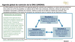 8
Agenda global de nutrición de la ONU (UNGNA)
El trabajo entre agencias de la
ONU busca impulsar la acción para
conseguir una óptima nutrición en
todo el mundo. A través de
nuestras actividades normativas y
operativas a escala global, regional
y nacional, actuamos de manera
colectiva para apoyar a los países
en sus esfuerzos de promoción,
gobernanza e implementación, con
el fin de prevenir y reducir con
rapidez cualquier forma de
malnutrición
La ONU publicó en junio del 2015 una agenda global de nutrición que establece un marco para los próximos
cinco años con el fin de posibilitar un sistema de la ONU más coherente, eficiente y eficaz en apoyo a los
resultados nacionales y globales de nutrición. Define la visión de la ONU en materia de nutrición, tres
resultados prioritarios y una serie de principios de orientación para el sistema de las Naciones Unidas.
Declaración de principios:
Fuente: La agenda global de nutrición de la ONU (UNGNA). El documento está disponible en su totalidad en: http://scalingupnutrition.org/es/sun-
networks-2/red-del-sistema-de-las-naciones-unidas.
Resultado 1:
Integración de la nutrición en
las políticas y los sistemas de
gobernanza a todos los
niveles
Resultado 3:
Implantación de sistemas
adecuados de apoyo –
pruebas, información,
recursos humanos y
financieros
Resultado 2:
Implementación a escala de
programas de calidad
(específicos de nutrición y
sensibles a la nutrición)
 