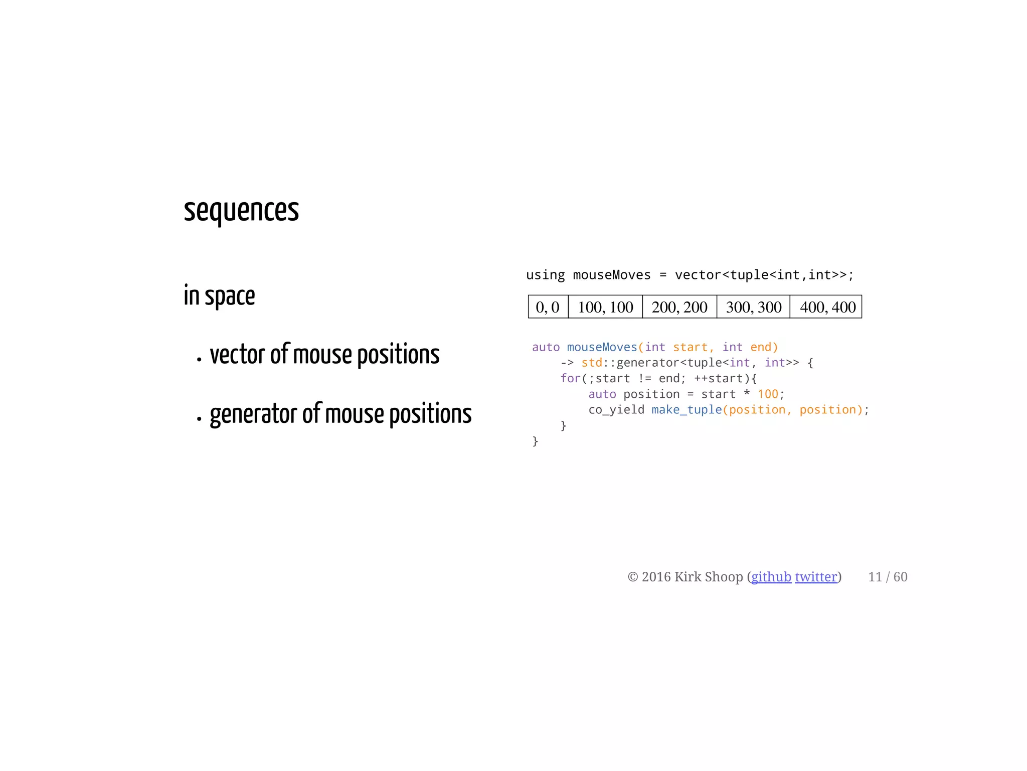 in space
vector of mouse positions
generator of mouse positions
using mouseMoves = vector<tuple<int,int>>;
sequences
auto mouseMoves(int start, int end)
-> std::generator<tuple<int, int>> {
for(;start != end; ++start){
auto position = start * 100;
co_yield make_tuple(position, position);
}
}
© 2016 Kirk Shoop (github twitter)
0, 0 100, 100 200, 200 300, 300 400, 400
11 / 60
 
