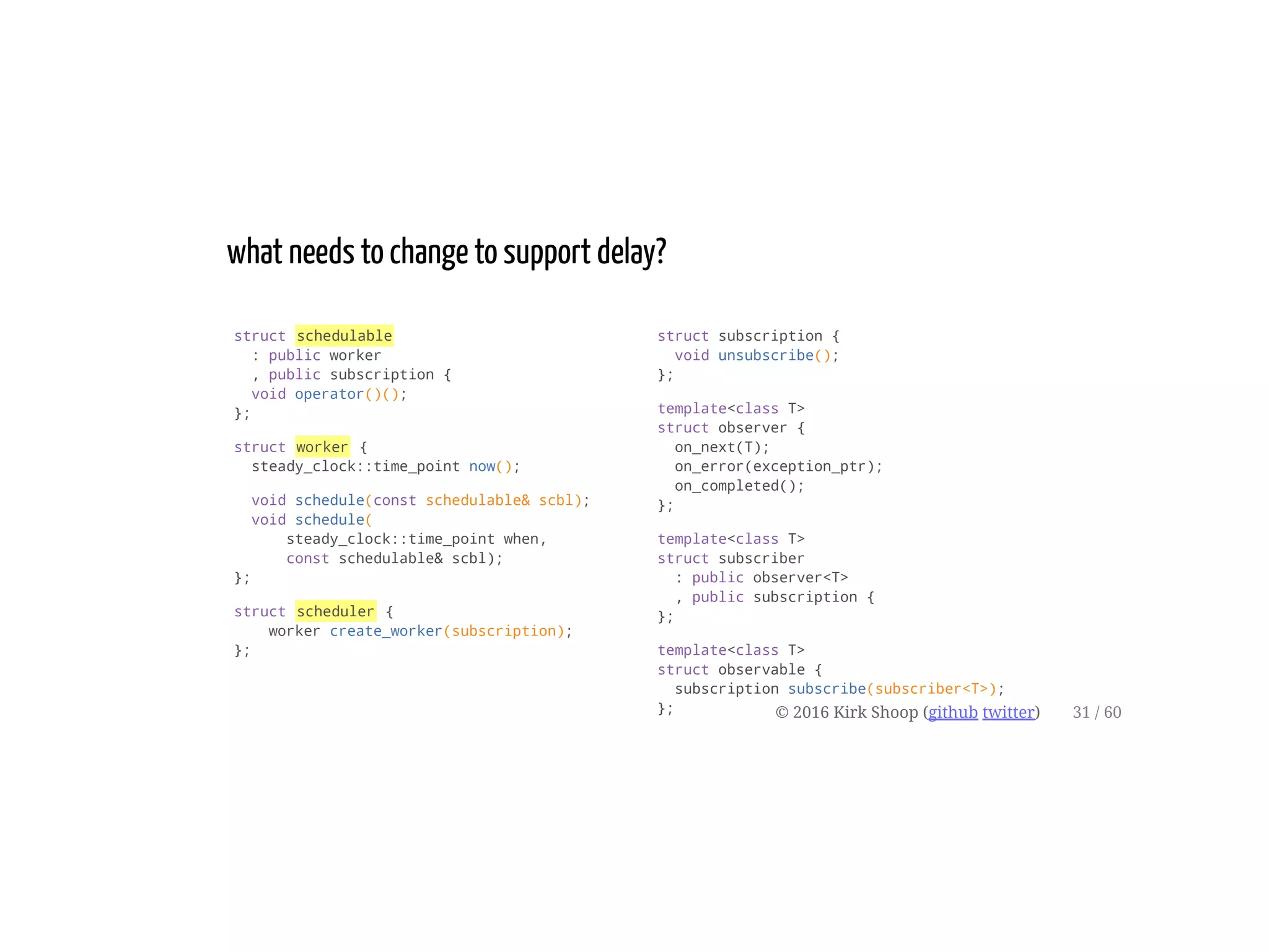 struct schedulable
: public worker
, public subscription {
void operator()();
};
struct worker {
steady_clock::time_point now();
void schedule(const schedulable& scbl);
void schedule(
steady_clock::time_point when,
const schedulable& scbl);
};
struct scheduler {
worker create_worker(subscription);
};
struct subscription {
void unsubscribe();
};
template<class T>
struct observer {
on_next(T);
on_error(exception_ptr);
on_completed();
};
template<class T>
struct subscriber
: public observer<T>
, public subscription {
};
template<class T>
struct observable {
subscription subscribe(subscriber<T>);
};
what needs to change to support delay?
© 2016 Kirk Shoop (github twitter) 31 / 60
 