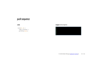 code
ints(0, 9) |
copy_if(even) |
printto(cout);
output (emscripten)
0
2
4
6
8
push sequence
© 2016 Kirk Shoop (github twitter) 19 / 60
 