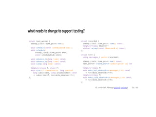 struct test_worker {
steady_clock::time_point now();
void schedule(const schedulable& scbl);
void schedule(
steady_clock::time_point when,
const schedulable& scbl);
void advance_to(long time) const;
void advance_by(long time) const;
void sleep(long time) const;
template<class T, class F>
auto start(F createSource, long created,
long subscribed, long unsubscribed) const
-> subscriber<T, testable_observer<T>>;
};
what needs to change to support testing?
struct recorded {
steady_clock::time_point time() const;
template<class Observer>
virtual accept(const Observer& o) const;
};
struct test {
using messages_t vector<recorded>;
steady_clock::time_point now() const;
test_worker create_worker(subscription cs) const
template<class T>
auto make_hot_observable(messages_t m) const
-> testable_observable<T>;
template<class T>
auto make_cold_observable(messages_t m) const;
-> testable_observable<T>;
};
© 2016 Kirk Shoop (github twitter) 34 / 60
 