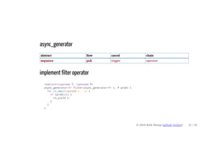 async_generator
abstract flow cancel chain
sequence pull trigger operator
implement filter operator
template<typename T, typename P>
async_generator<T> filter(async_generator<T> s, P pred) {
for co_await(auto&& v : s) {
if (pred(v)) {
co_yield v;
}
}
}
© 2016 Kirk Shoop (github twitter) 41 / 60
 