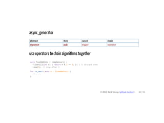 async_generator
abstract flow cancel chain
sequence pull trigger operator
use operators to chain algorithms together
auto fiveOddInts = tempSensor() |
filter([](int n) { return n % 2 == 0; }) | // discard even
take(5); // stop after 5
for co_await(auto n : fiveOddInts) {
// . . .
}
© 2016 Kirk Shoop (github twitter) 42 / 60
 