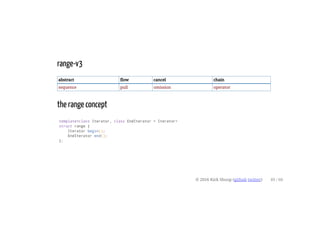 range-v3
abstract flow cancel chain
sequence pull omission operator
the range concept
template<class Iterator, class EndIterator = Iterator>
struct range {
Iterator begin();
EndIterator end();
};
© 2016 Kirk Shoop (github twitter) 49 / 60
 