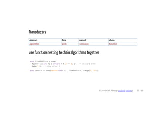 Transducers
abstract flow cancel chain
algorithm push omission function
use function nesting to chain algorithms together
auto fiveOddInts = comp(
filter([](int n) { return n % 2 == 0; }), // discard even
take(5)); // stop after 5
auto result = into(vector<int> {}, fiveOddInts, range(0, 10));
© 2016 Kirk Shoop (github twitter) 55 / 60
 