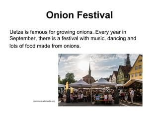 Onion Festival
Uetze is famous for growing onions. Every year in
September, there is a festival with music, dancing and
lots of food made from onions.
commons.wikimedia.org
 