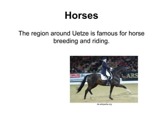 Horses
The region around Uetze is famous for horse
breeding and riding.
de.wikipedia.org
 