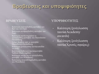 ΒΡΑΒΕΥΣΕΙΣ ΥΠΟΨΙΦΙΟΤΗΤΕΣ
• Καλύτερη εικόνα(διεθνές φεστιβάλ του
Bari και του Fajr)
• Καλύτερο σενάριο(διεθνές φεστιβάλ του
Fajr)
• Καλύτερη ταινία συμφώνα το
κοινό(διεθνές φεστιβάλ του Mannheim-
Heidelberg
• Ειδικό βραβείο από το φεστιβάλ
Mannheim-Heidelberg
• Καλύτερη ξενόγλωσση ταινία(satellite
awards)
• Καλύτερη Εσθονική ταινία(φεστιβάλ
Tallinn black nights)
• Καλύτερη ταινία για το κοινό(διεθνές
φεστιβάλ του Warshow)
• Καλύτερος σκηνοθέτης(διεθνές φεστιβάλ
του Warshow)
• Καλύτερη ξενόγλωσση
ταινία(Academy
awards)
• Καλύτερη ξενόγλωσση
ταινία(Χρυσές σφαίρες)
 