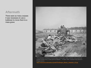 Aftermath
There were so many corpses
it was necessary to use a
bulldozer to move them to a
mass grave
The Liberation of Belsen Concentration Camp April 1945: A British Army bulldozer
pushes bodies into a mass grave at Belsen. - 19 April 1945 Imperial War Museum
Image source:
https://commons.wikimedia.org/wiki/File:Bergen_Belsen_Liberation_03.jpg
 