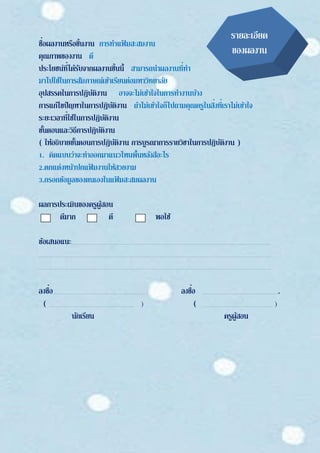 ชื่อผลงานหรือชิ้นงาน การทาแฟ้ มสะสมงาน
คุณภาพของงาน ดี
ประโยชน์ที่ได้รับจากผลงานชิ้นนี้ สามารถนาผลงานที่ทา
มาไปใช้ในการสัมภาษณ์เข้าเรียนต่อมหาวิทยาลัย
อุปสรรคในการปฏิบัติงาน อาจจะไม่เข้าใจในการทางานบ้าง
การแก้ไขปัญหาในการปฏิบัติงาน ถ้าไม่เข้าใจก็ไปถามคุณครูในสิ่งที่เราไม่เข้าใจ
ระยะเวลาที่ใช้ในการปฏิบัติงาน
ขั้นตอนและวิธีการปฏิบัติงาน
( ให้อธิบายขั้นตอนการปฏิบัติงาน การบูรณาการรายวิชาในการปฏิบัติงาน )
1. คิดแบบว่าจะทาออกมาแนวไหนพื้นหลังสีอะไร
2.ตกแต่งหน้าปกแฟ้ มงานให้สวยงาม
3.กรอกข้อมูลของตนเองในแฟ้ มสะสมผลงาน
ผลการประเมินของครูผู้สอน
ดีมาก ดี พอใช้
ข้อเสนอแนะ
ลงชื่อ ลงชื่อ .
( ) ( )
นักเรียน ครูผู้สอน
รายละเอียด
ของผลงาน
 