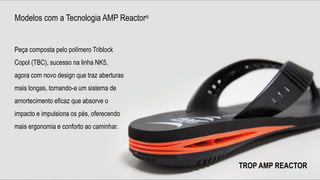 TROPOriginalModelos com a Tecnologia AMP Reactor®
Peça composta pelo polímero Triblock
Copol (TBC), sucesso na linha NK5,
agora com novo design que traz aberturas
mais longas, tornando-a um sistema de
amortecimento eficaz que absorve o
impacto e impulsiona os pés, oferecendo
mais ergonomia e conforto ao caminhar.
TROP AMP REACTOR
 