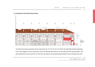 CHAPTER 3 INTRODUCTION TO THE RAINBOW SHOP HOUSE
IPOH RAINBOW SHOP HOUSES
TAYLOR’S UNIVERSITY 2016 MEASURED DRAWING GROUP SIX
3.0 Introduction of the Rainbow Shop Houses
The rainbow shop houses comprimises of seven shop houses, No.116, 118, 120, 122, 124, 126 and 128, Jalan Sultan Iskandar respectively,.
As the name suggests, the shop houses get its’ name ‘Ipoh Rainbow Shop House’ by its’ eye catching rainbow coloured exterior. They
were repainted by the current owner, Mr. Lim Chai Hock, who aspire to use the bright coloured facades to liven up the dead town of Ipoh.
FRONT
ELEVATION OF
RAINBOW SHOP
HOUSES
[20]
21
 