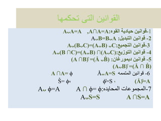 ‫تحكمها‬ ‫التى‬ ‫القوانين‬
1-‫القوه‬ ‫حيادية‬ ‫قوانين‬:AᴗA=A ,A∩A=A
2-‫التبديل‬ ‫قوانين‬:AᴗB=BᴗA
3-‫التجميع‬ ‫قوانين‬:Aᴗ(BᴗC)=(AᴗB) ᴗC
4-‫التوزيع‬ ‫قوانين‬:Aᴗ(B ∩C)=(AᴗB) ∩(AᴗC)
5-‫ديمورغان‬ ‫قوانين‬) :(A ∩B)̊ =(Å ᴗB̊
)(AᴗB)̊ =(Å ∩ B̊
6-‫المتممه‬ ‫قوانين‬ÅᴗA=SA ∩A= ϕ
(Å)̊=A،ϕ̊=S،S̊ = ϕ
7-‫المحايده‬ ‫المجموعات‬:Aᴗ ϕ=A A ∩ ϕ= ϕ
AᴗS=S A ∩S=A
 