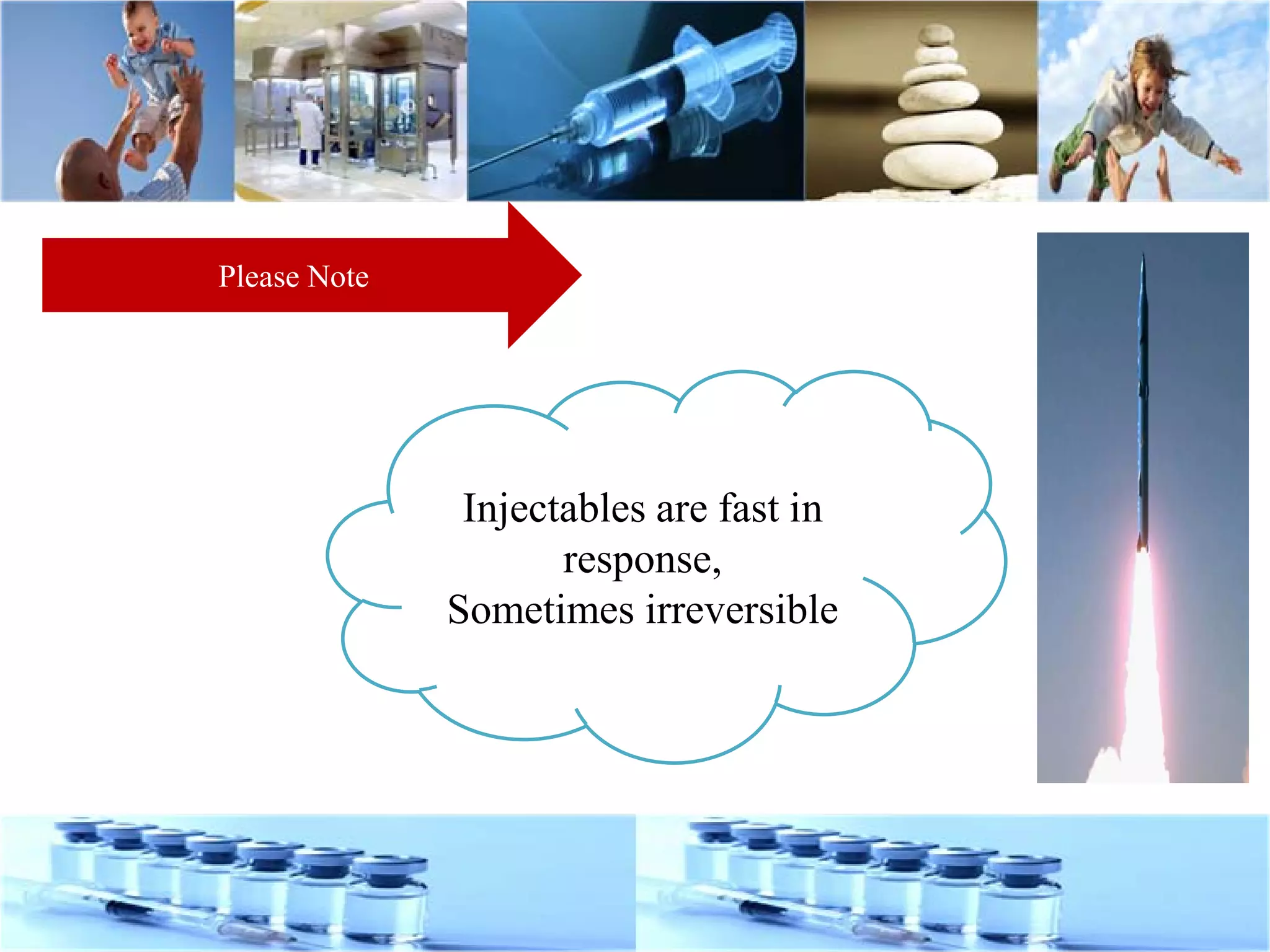 Injectables are fast in
response,
Sometimes irreversible
Please Note
 
