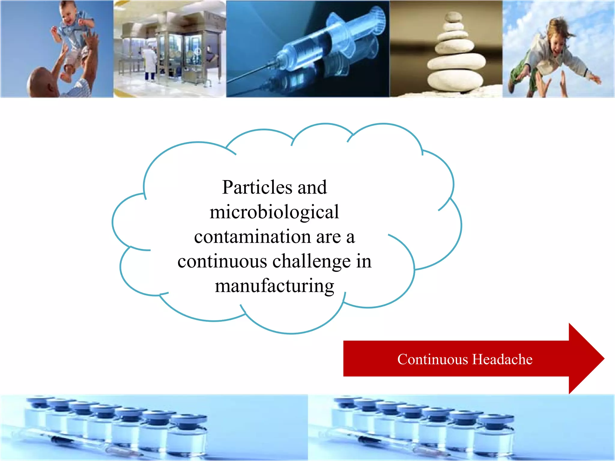 Particles and
microbiological
contamination are a
continuous challenge in
manufacturing
Continuous Headache
 