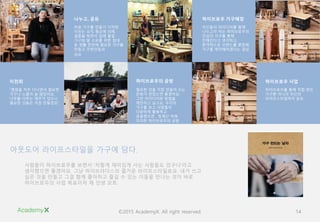 ©2015 AcademyX. All right reserved. 14
아웃도어 라이프스타일을 가구에 담다.
사람들이 하이브로우를 보면서 ‘저렇게 재미있게 사는 사람들도 있구나’라고
생각했으면 좋겠어요. 그냥 하이브라더스의 즐거운 라이프스타일로요. 내가 쓰고
싶은 것을 만들고 그걸 함께 좋아하고 즐길 수 있는 이들을 만나는 것이 바로
하이브로우의 사업 목표이자 제 인생 모토.
“캠핑을 자주 다니면서 필요한
가구나 소품이 늘 많았어요.
나무를 다루는 재주가 있으니
필요한 것들은 직접 만들었죠”
이천희
필요한 것을 직접 만들어 쓰는
문화가 번졌으면 좋겠어요.
그런 아이디어와 방법을
제안하고 싶고요. 우리의
가구를 보고 사람들이
다양하게 활용하고
응용했으면 , 청계산 아래
자리한 하이브로우의 공방
하이브로우의 공방
자신들의 아이디어를 함께
나누고자 하는 하이브로우의
진심이 가구를 통해
전해진다고 생각하고,
본격적으로 브랜드를 론칭해
가구를 제작해야겠다는 결심
하이브로우 가구매장
하이브로우를 통해 직접 만든
가구뿐 아니라 자신의
라이프스타일까지 공유
하이브로우 사업
처음 가구를 만들기 시작한
이유는 오직 필요에 의해,
결혼을 하면서 집에 들일
가구와 딸 소유를 위한 침대
등 생활 전반에 필요한 가구를
만들고 주변인들과
공유
나누고, 공유
 