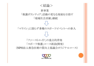 ＜結論＞
新事業
「救護ボランティア」活動の更なる発展を目指す
「地域社会貢献」継続
「マラソン」に限らず多種のスポーツイベントへの参入
「ファーストエイド」の重点的啓発
「スポーツ救護」コース新設(開発）
（NPO法人救急医療の質向上協議会オリジナルコース）
 