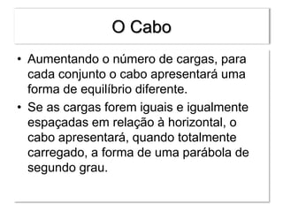 O Cabo
• Aumentando o número de cargas, para
cada conjunto o cabo apresentará uma
forma de equilíbrio diferente.
• Se as cargas forem iguais e igualmente
espaçadas em relação à horizontal, o
cabo apresentará, quando totalmente
carregado, a forma de uma parábola de
segundo grau.
 