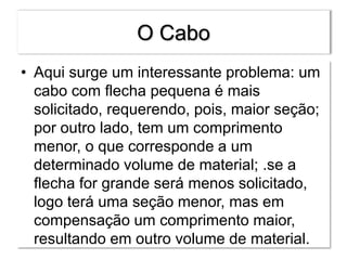 O Cabo
• Aqui surge um interessante problema: um
cabo com flecha pequena é mais
solicitado, requerendo, pois, maior seção;
por outro lado, tem um comprimento
menor, o que corresponde a um
determinado volume de material; .se a
flecha for grande será menos solicitado,
logo terá uma seção menor, mas em
compensação um comprimento maior,
resultando em outro volume de material.
 