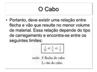 O Cabo
• Portanto, deve existir uma relação entre
flecha e vão que resulte no menor volume
de material. Essa relação depende do tipo
de carregamento e encontra-se entre os
seguintes limites:
 