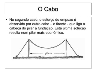 O Cabo
• No segundo caso, o esforço do empuxo é
absorvido por outro cabo – o tirante - que liga a
cabeça do pilar à fundação. Esta última solução
resulta num pilar mais econômico.
 