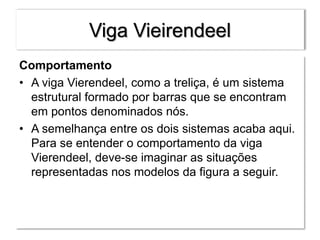 Viga Vieirendeel
Comportamento
• A viga Vierendeel, como a treliça, é um sistema
estrutural formado por barras que se encontram
em pontos denominados nós.
• A semelhança entre os dois sistemas acaba aqui.
Para se entender o comportamento da viga
Vierendeel, deve-se imaginar as situações
representadas nos modelos da figura a seguir.
 