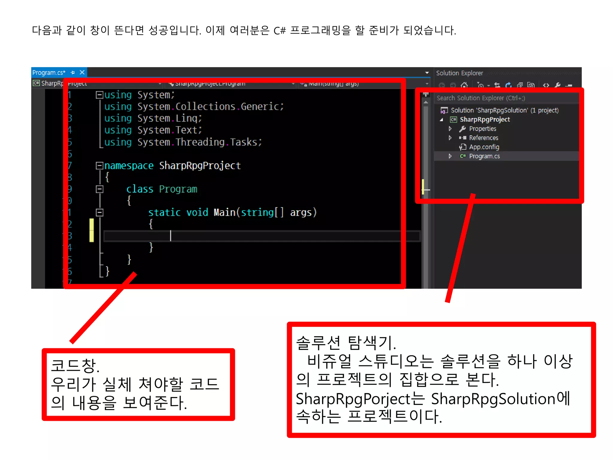 다음과 같이 창이 뜬다면 성공입니다. 이제 여러분은 C# 프로그래밍을 할 준비가 되었습니다.
코드창.
우리가 실체 쳐야할 코드
의 내용을 보여준다.
솔루션 탐색기.
비쥬얼 스튜디오는 솔루션을 하나 이상
의 프로젝트의 집합으로 본다.
SharpRpgPorject는 SharpRpgSolution에
속하는 프로젝트이다.
 