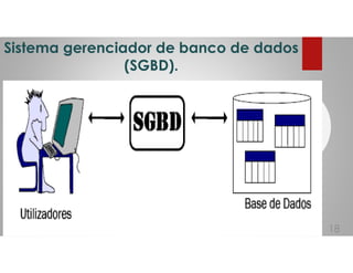 Sistema gerenciador de banco de dados
(SGBD).
18
 