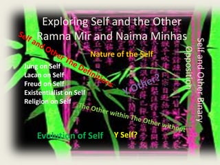 Exploring Self and the Other
Ramna Mir and Naima Minhas
SelfandOtherBinary
Opposition
Nature of the Self
Y Self?Evolution of Self
Jung on Self
Lacan on Self
Freud on Self
Existentialist on Self
Religion on Self
 