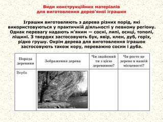 Види конструкційних матеріалів
для виготовлення дерев'яної іграшки
Іграшки виготовляють з дерева різних порід, які
використовуються у практичній діяльності у певному регіону.
Однак перевагу надають м'яким — сосні, липі, осиці, тополі,
ліщині. З твердих застосовують бук, явір, клен, дуб, горіх,
рідко грушу. Окрім дерева для виготовлення іграшок
застосовують також кору, переважно сосни і дуба.
 