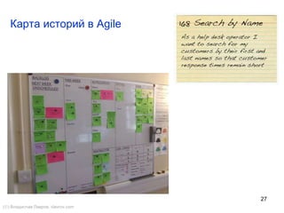 27
История пользователя включает:
() Владислав Лавров, vlavrov.com
• Уникальный числовой идентификатор истории – обычно совпадает с
идентификатором истории пользователя из трекера, которым пользуется
команда. Этот идентификатор позволяет точно сказать, о какой истории
пользователя в данный момент идет речь.
• Название истории пользователя – короткое (примерно до 10 слов)
описание функционала с точки зрения пользователя, сформулированное
в виде тройки «Роль», «Действие», «Цель».
• Важность – уникальный числовой приоритет истории пользователя, чем
она выше, тем раньше данную историю необходимо сделать.
• Оценка – числовая относительная оценка истории пользователя по
специальной шкале.
 