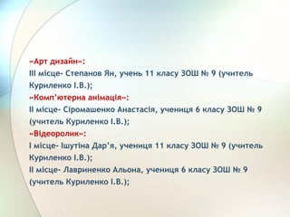 «Арт дизайн»:
ІІІ місце- Степанов Ян, учень 11 класу ЗОШ № 9 (учитель
Куриленко І.В.);
«Комп’ютерна анімація»:
ІІ місце- Сіромашенко Анастасія, учениця 6 класу ЗОШ № 9
(учитель Куриленко І.В.);
«Відеоролик»:
І місце- Ішутіна Дар’я, учениця 11 класу ЗОШ № 9 (учитель
Куриленко І.В.);
ІІ місце- Лавриненко Альона, учениця 6 класу ЗОШ № 9
(учитель Куриленко І.В.);
 