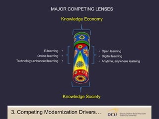 • Open learning
• Digital learning
• Anytime, anywhere learning
Knowledge Society
MAJOR COMPETING LENSES
E-learning •
Onli...